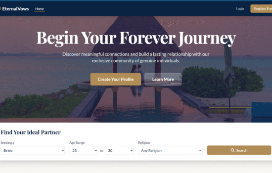 Clean and modern matrimonial website template using Tailwind CSS - Eternal Vows demo screenshot.