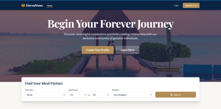 Clean and modern matrimonial website template using Tailwind CSS - Eternal Vows demo screenshot.