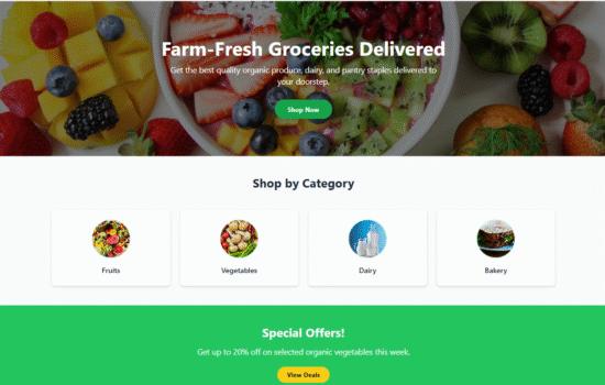 Responsive ReactJS grocery website template built with Vite and Tailwind CSS, featuring a clean design, product listings, shopping cart functionality, and category filtering. Perfect for online grocery stores.