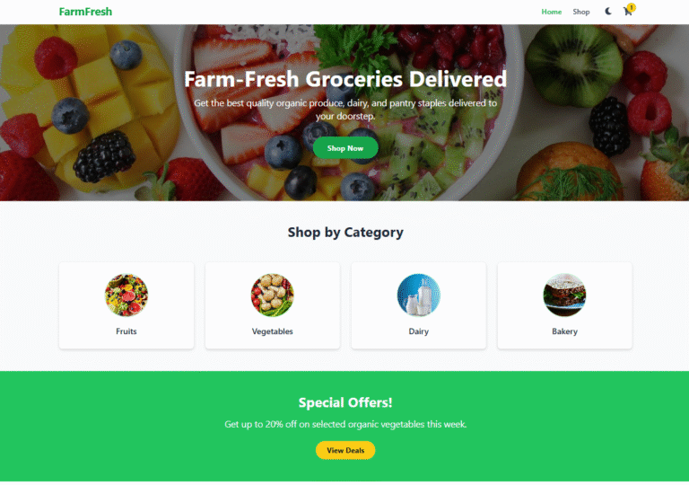 Responsive ReactJS grocery website template built with Vite and Tailwind CSS, featuring a clean design, product listings, shopping cart functionality, and category filtering. Perfect for online grocery stores.