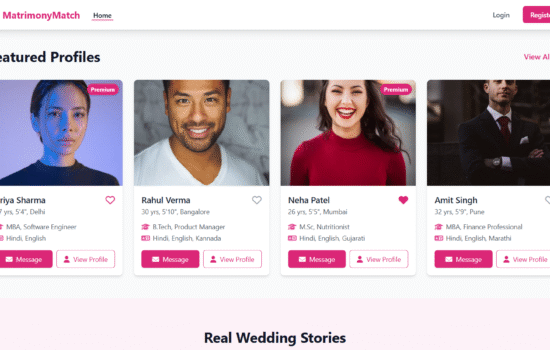 Preview of a responsive matrimonial website template with elegant profile cards and modern design