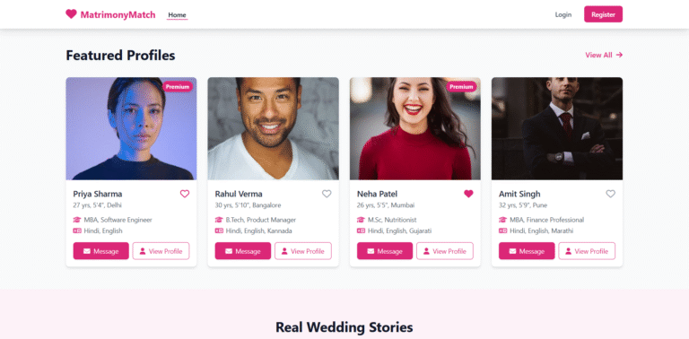 Preview of a responsive matrimonial website template with elegant profile cards and modern design