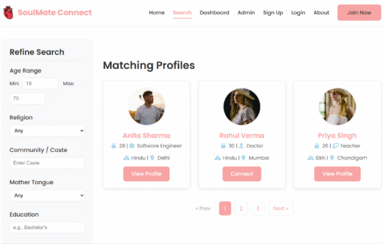 Clean and modern user interface of the SoulMate Connect Matrimonial Website Template.