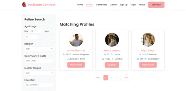 Clean and modern user interface of the SoulMate Connect Matrimonial Website Template.