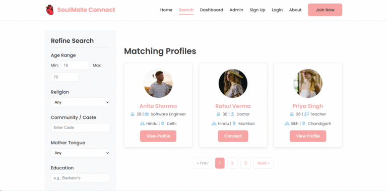 Clean and modern user interface of the SoulMate Connect Matrimonial Website Template.